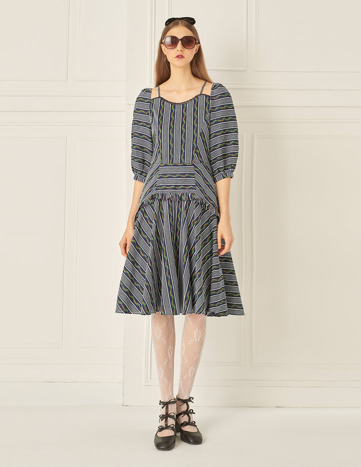 BORA AKSU Off-The-Shoulder Pleated Striped Print Dress