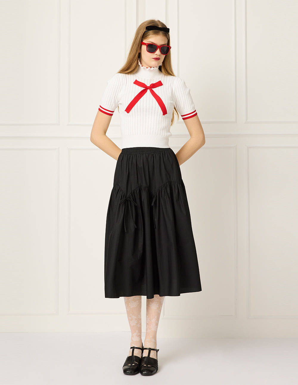 BORA AKSU Ruffled Stand-Collar Short-Sleeve Pointelle Knit Pullover With Bow Decoration