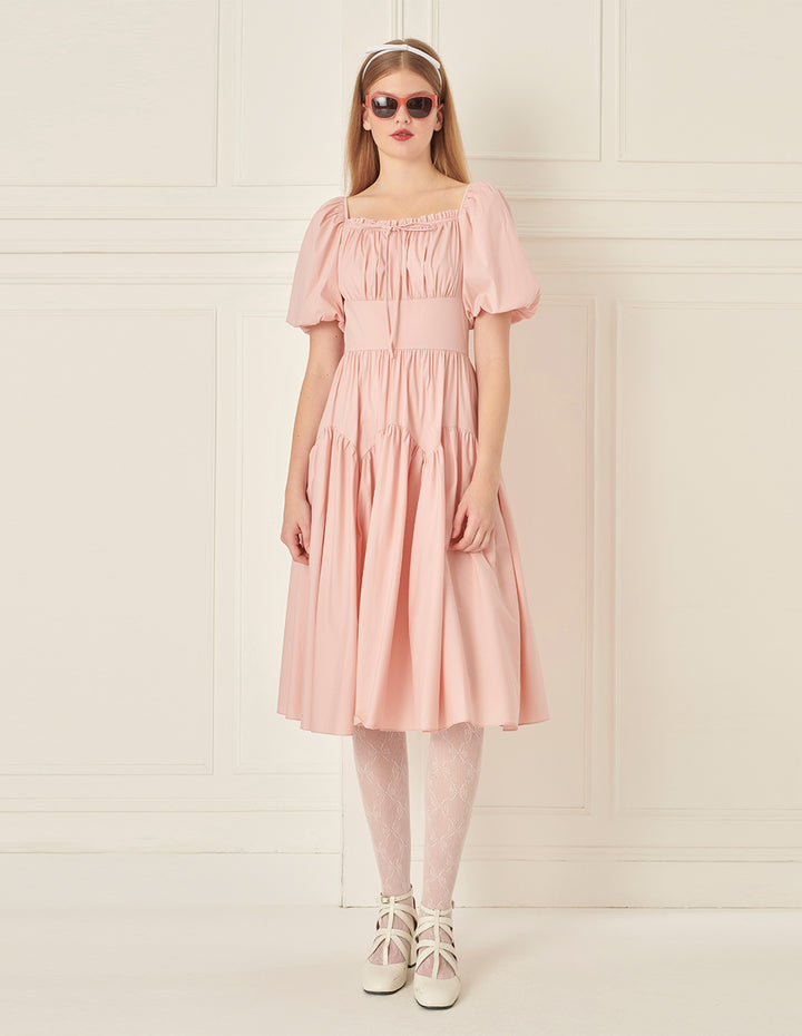 BORA AKSU Diamond Collar Pleated Short Sleeves Dress