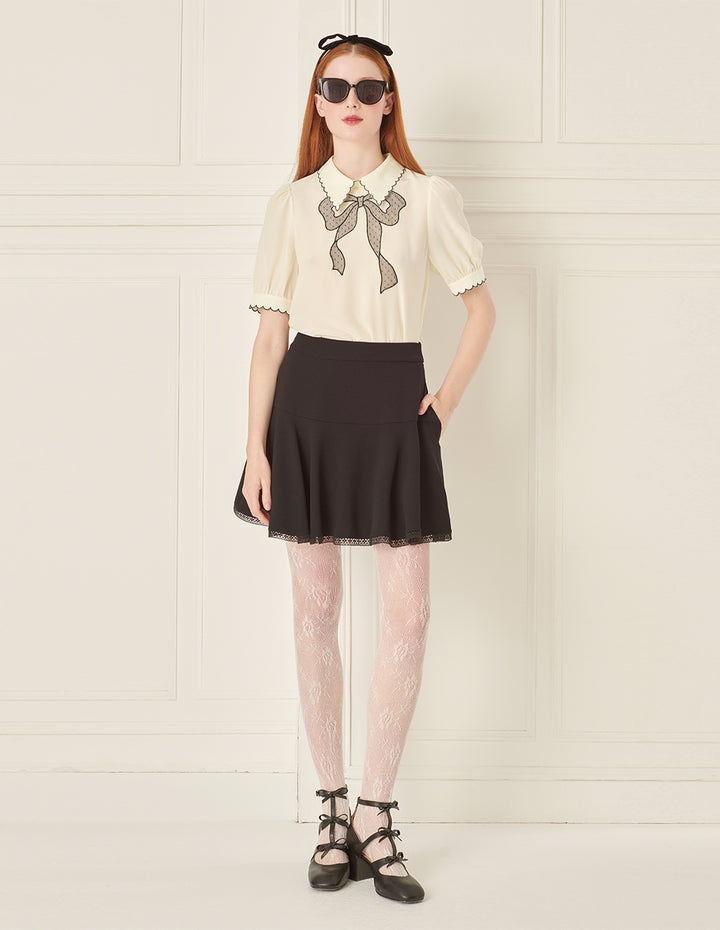 BORA AKSU Petal Collar Mesh Bow Embroidered Silk Blouse