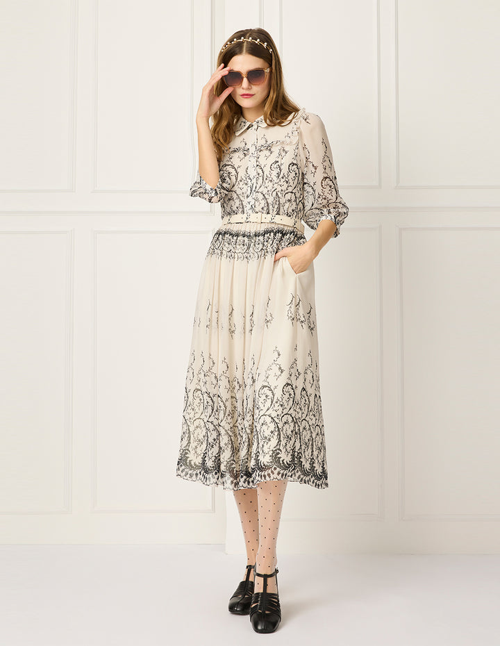 BORA AKSU Collared Puff Half Sleeve Curly Grass Print Ruffle-Trim Midi Dress