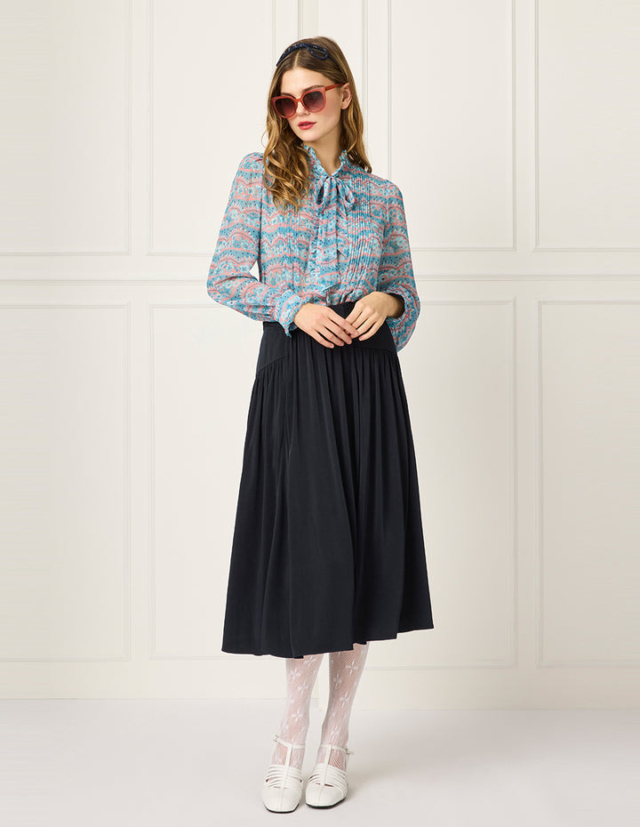 BORA AKSU Tie-Collar Puff Long Sleeve Printed Pin Tuck Blouse