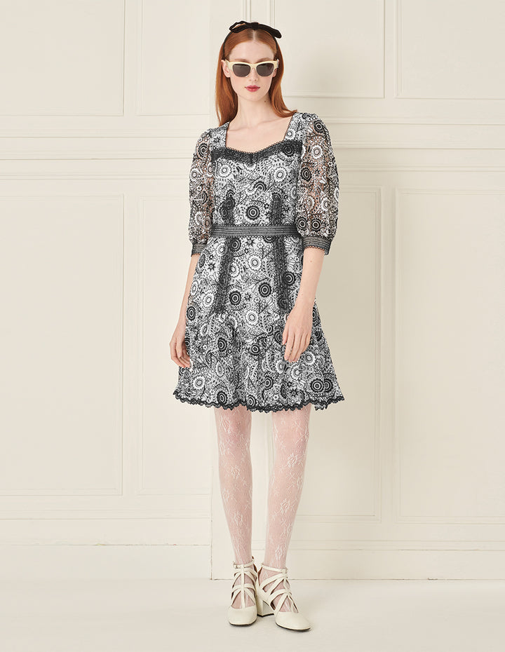 BORA AKSU Retro Puff Sleeve Diamond Collar Black And White Lace Dress