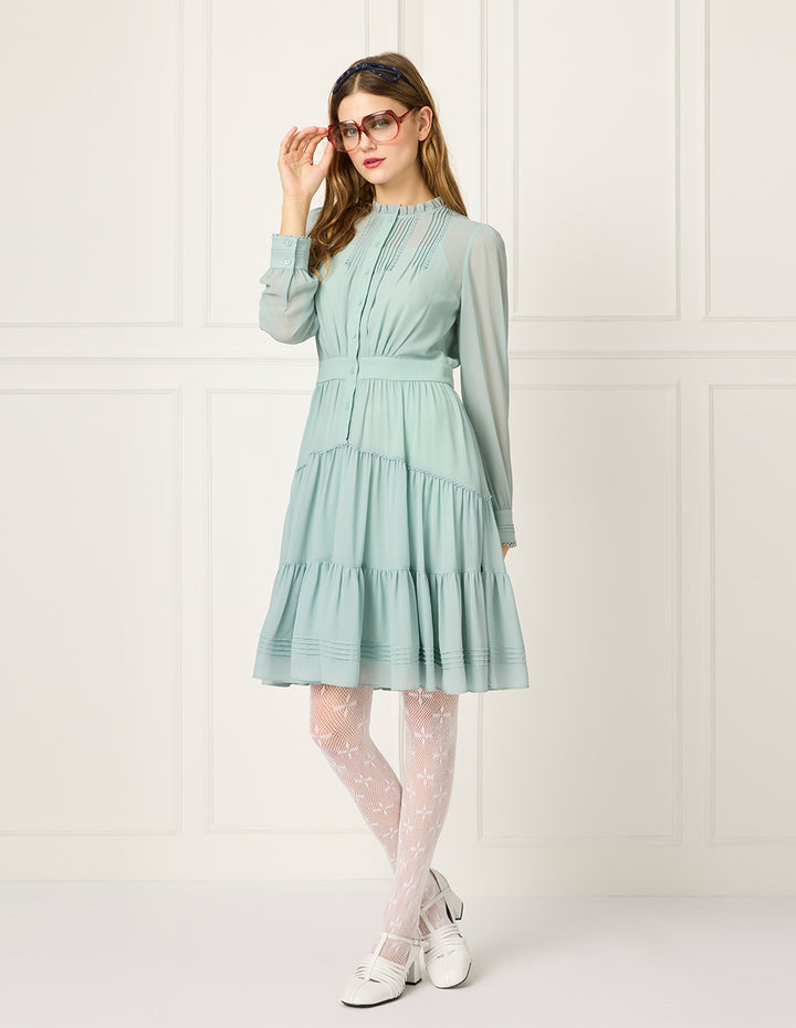 BORA AKSU Round Ruffle-Collar Lace-Trimmed Long Sleeve Pleated Midi Dress