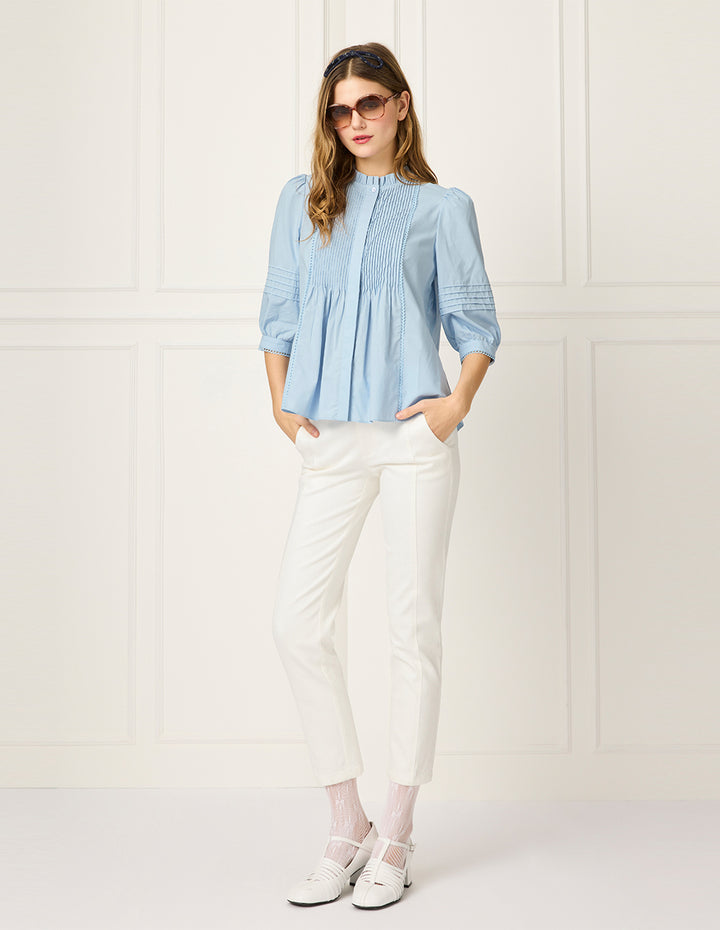BORA AKSU Ruffled Stand-Collar Puff-Sleeved Pin Tuck Blouse