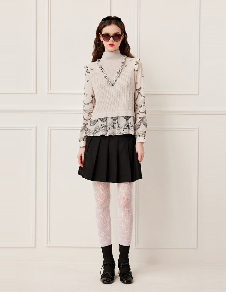 BORA AKSU Ribbed Mandarin Collar Patchwork Floral Print Knit Top