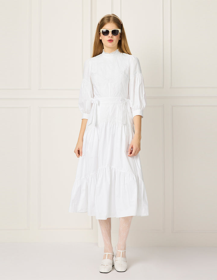 BORA AKSU Lace Stand Collar Puff Sleeve Pleated Midi Dress