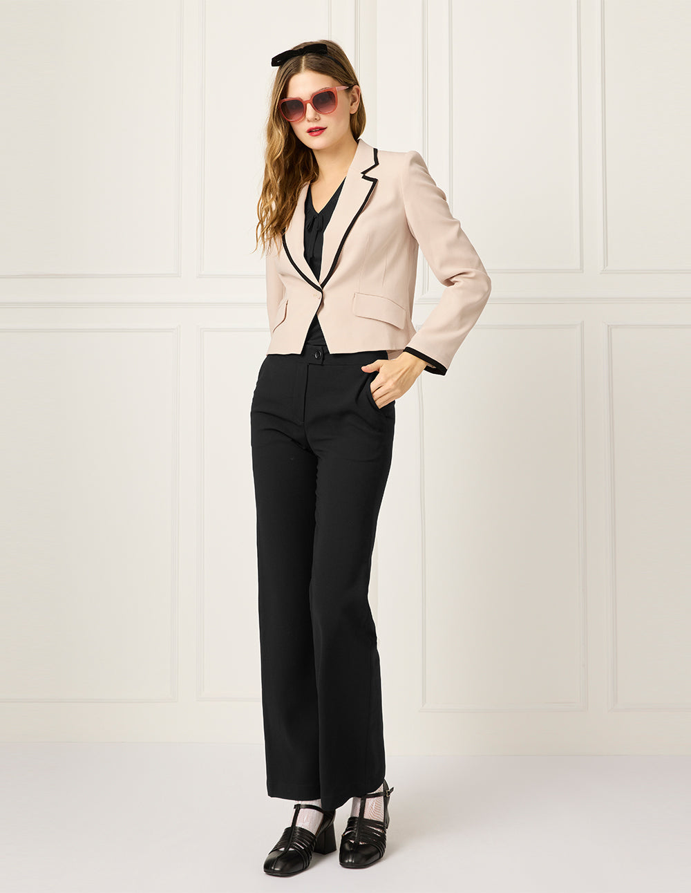 BORA AKSU Notch Lapel Single-Button Long Sleeve Cropped Blazer