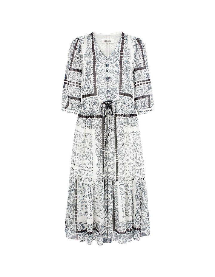 BORA AKSU V-Neck Puff Short Sleeve Paisley Print Flounce Midi Shift Dress