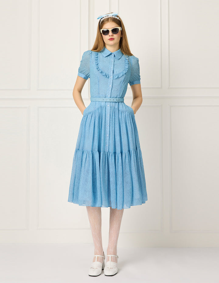 BORA AKSU Peter Pan Collar Ruffle Trim Puff Short Sleeve Waist-Tie Pleated Midi Dress
