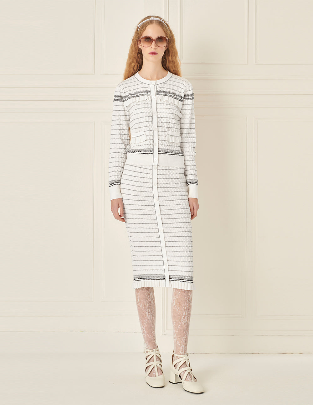 BORA AKSU Off-White Striped Mid-Length Straight Knitted Skirt