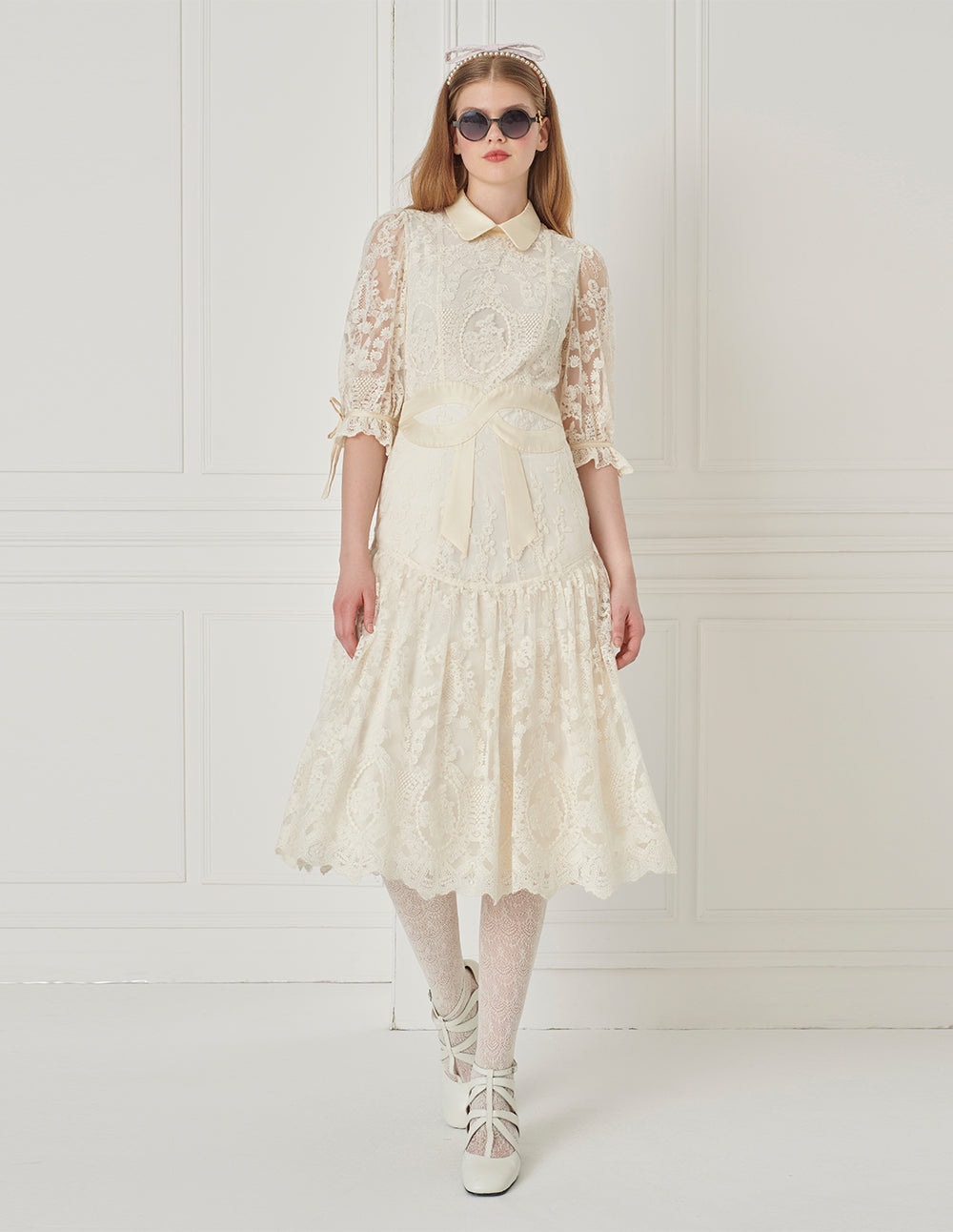BORA AKSU Peter Pan Collar Lace Panel Pleated Dress