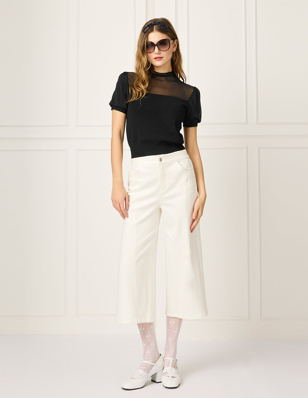 BORA AKSU Stacked Stand Collar Short Sleeve Color Block Knit Top