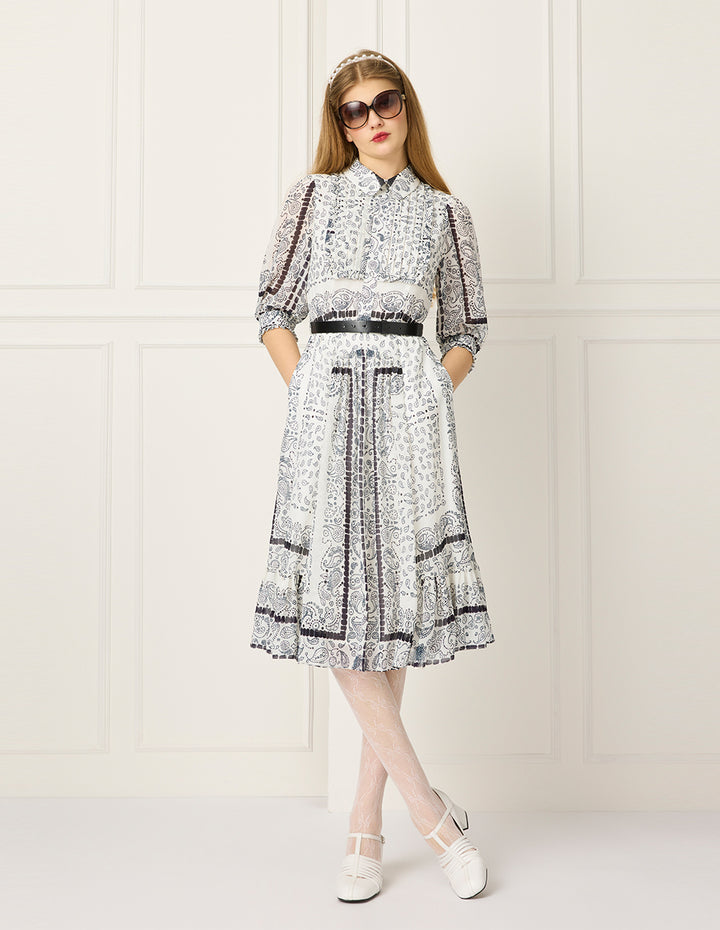 BORA AKSU Collared Puff-Sleeve Paisley Print Midi Trumpet Shirt Dress