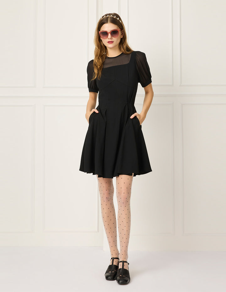 BORA AKSU Round-Neck Puff Short-sleeved Empire-Waist Pleated Black Midi Dress