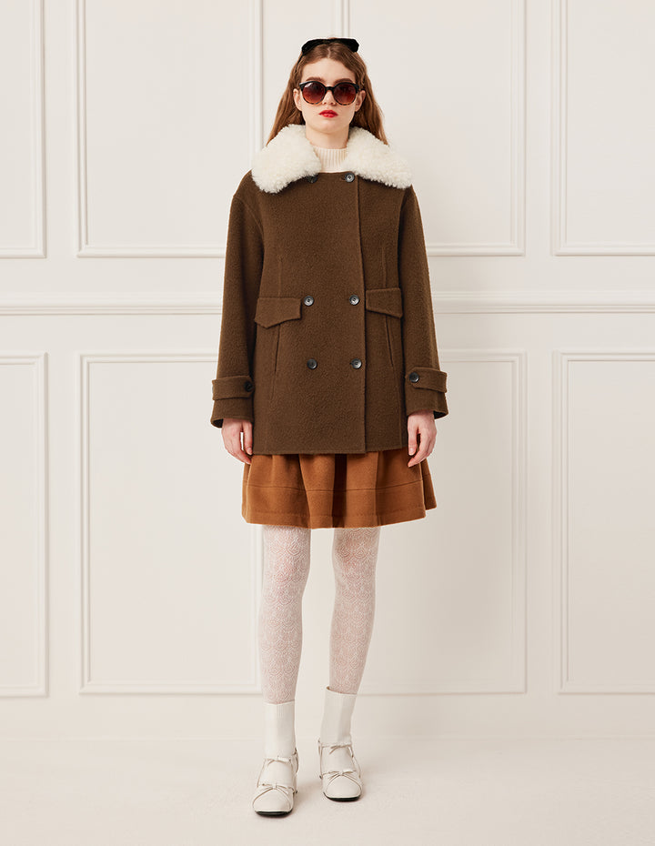 BORA AKSU Faux Fur Collar Double-Breasted Mocha Brown Wool Coat