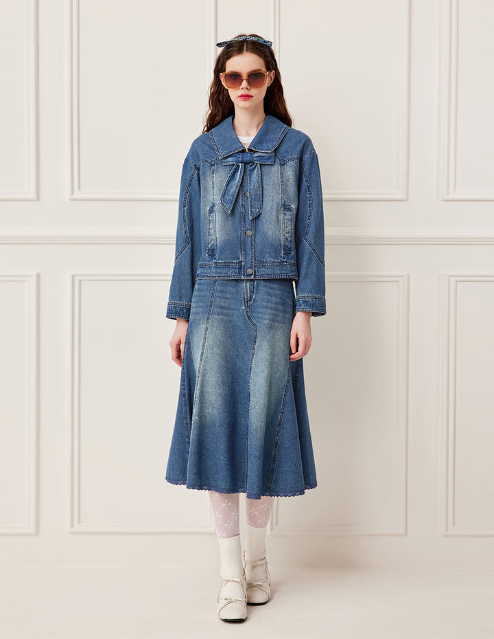 BORA AKSU Vintage Detachable Bow Long Sleeve Washed Denim Jacket