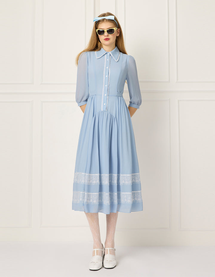 BORA AKSU Puff-Sleeve Lace-Trimmed Pleated Midi Shirt Dress