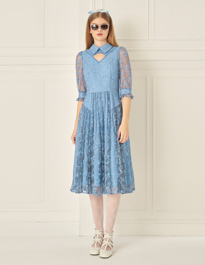 BORA AKSU French Puff Sleeve Shirt Collar Lace Pleated Dress