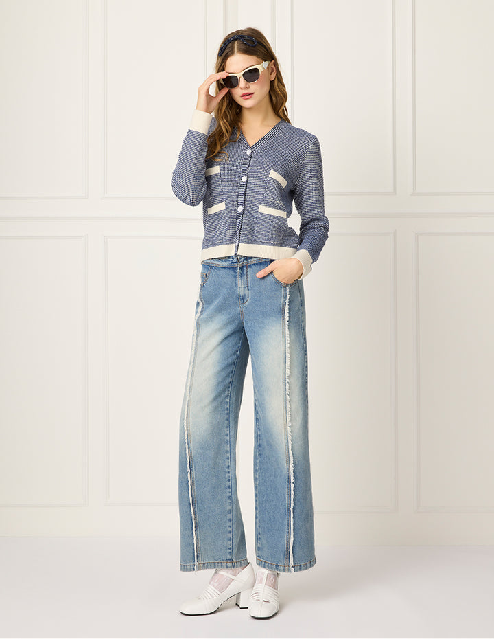 BORA AKSU V-Neck Striped-Trim Tweed Multi-Pockets Wool Cardigan