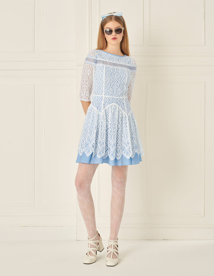 BORA AKSU Romantic Blue And White Lace Patchwork Wavy Dress
