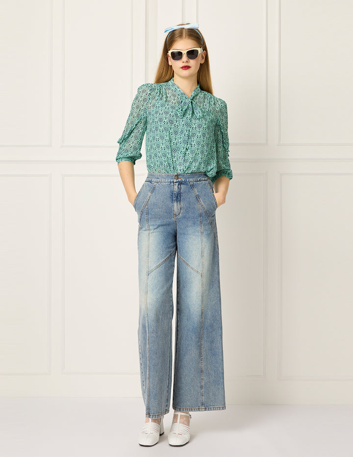 BORA AKSU Ribbon Collar Puff Sleeve Ruffle Print Blouse