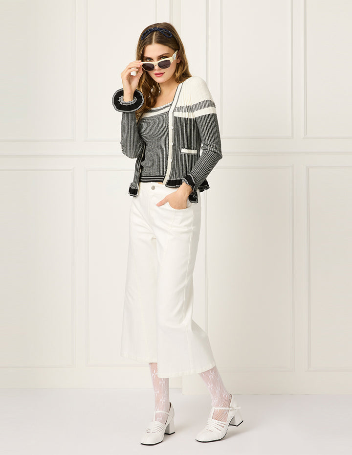 BORA AKSU V-Neck Long Sleeve Stripe Ruffle Trim Knit Cardigan