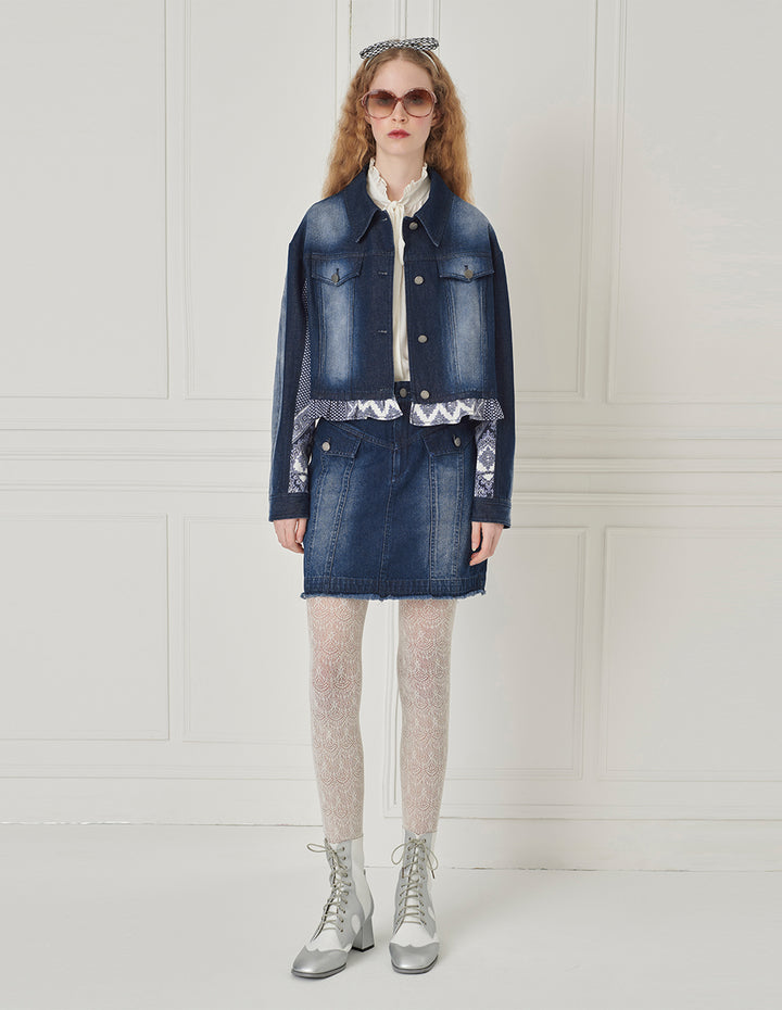 BORA AKSU Versatile Distressed Gradient Washed Blue Three-Dimensional Patch Pocket Denim Skirt