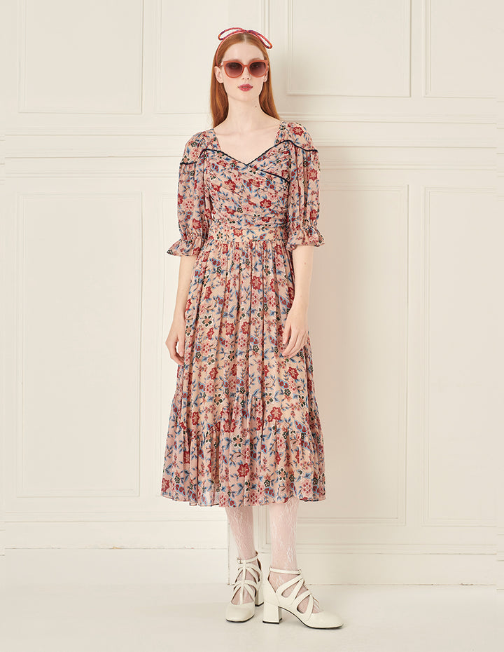 BORA AKSU French Retro Puff Sleeve Printed Dress