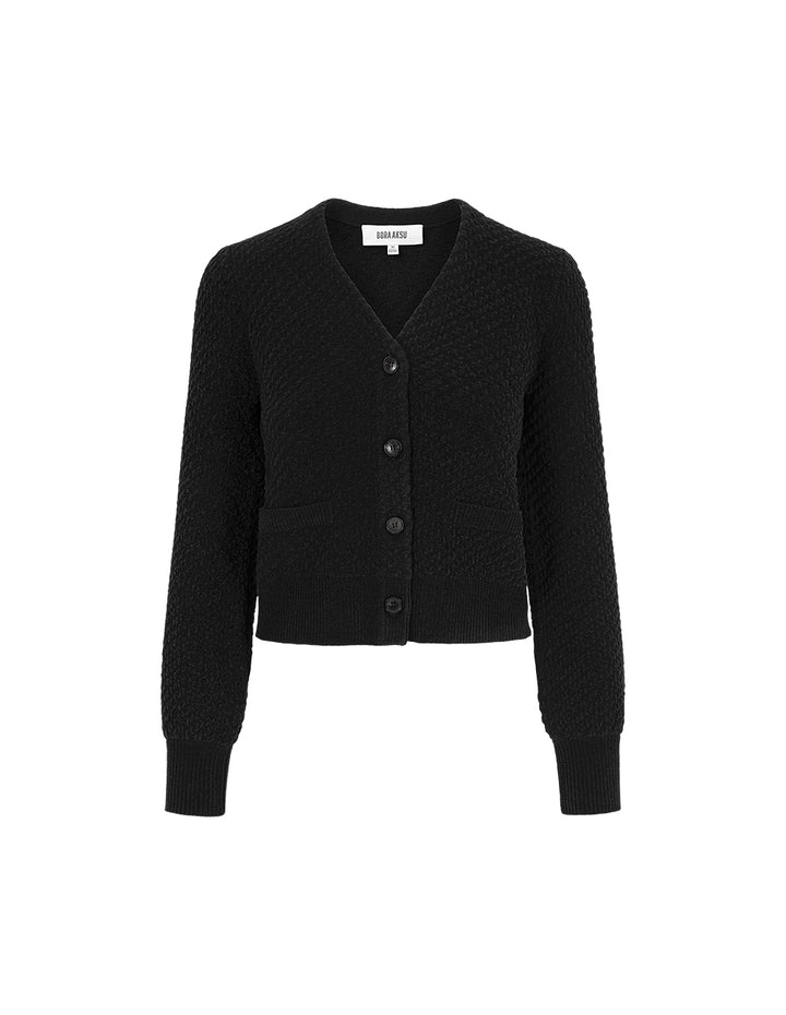 BORA AKSU V-Neck Puff Long-Sleeve Mixed Jacquard Cropped Knitted Cardigan