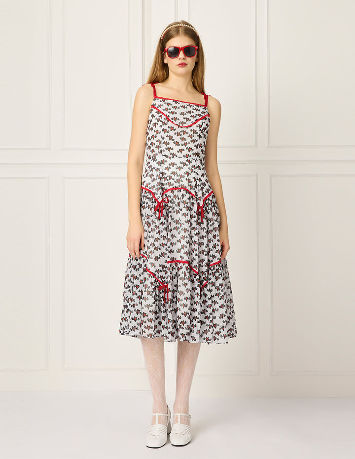 BORA AKSU Lace Trim Heart Print A-line Midi Slip Dress