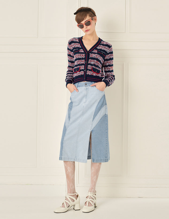 BORA AKSU Versatile Washed Blue Colour Block Slit Denim Skirt