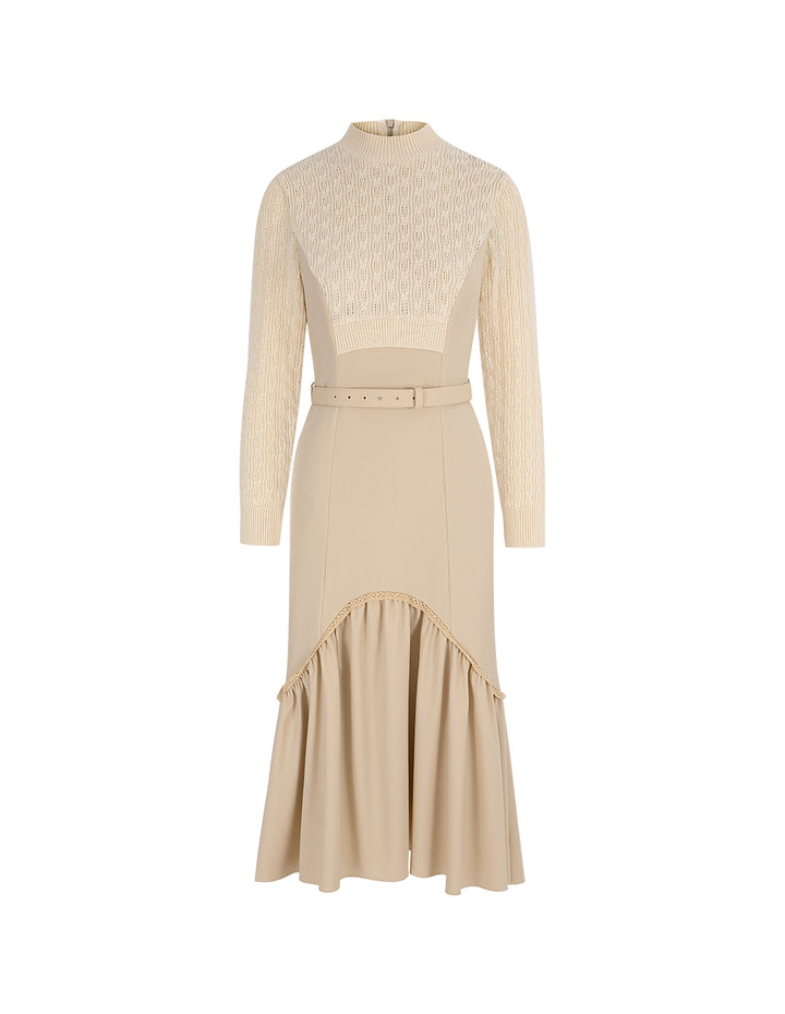 BORA AKSU Round-Neck Long-Sleeve Fishtail Patchwork Knitted Midi Dress