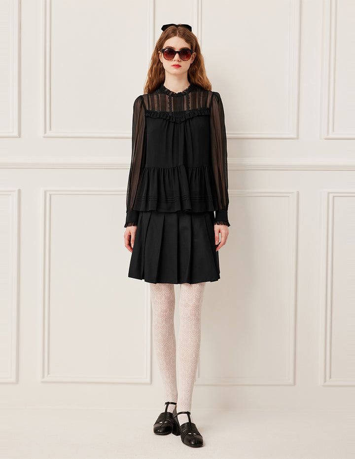 BORA AKSU Ruffled Round Neck Sheer Black Long Sleeve Silk Blouse