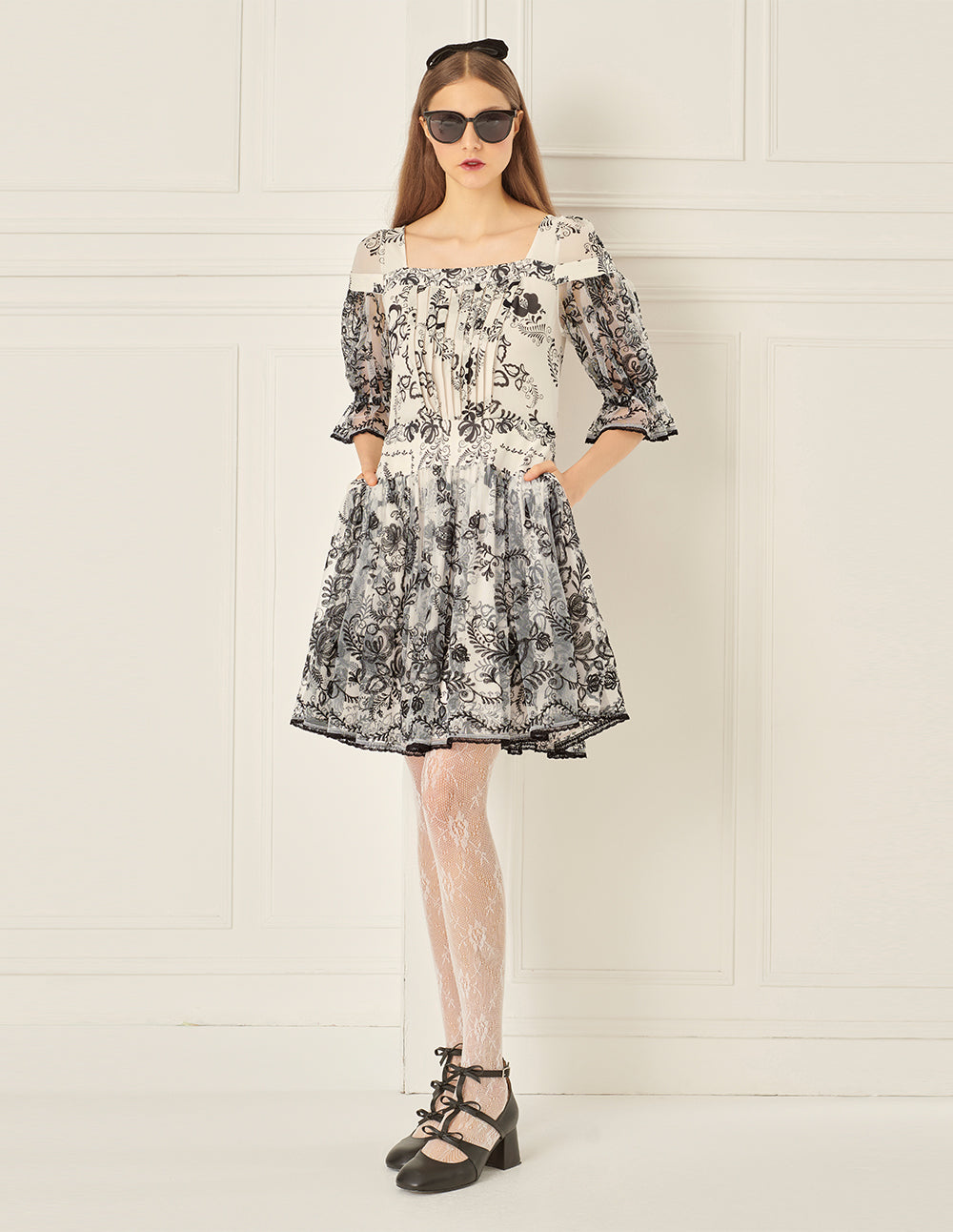 BORA AKSU Puff Sleeve Embroidered Mesh Print Dress