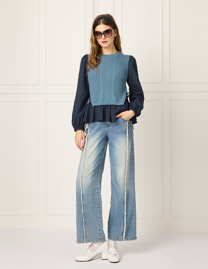 BORA AKSU Round-Neck Bubble Long Sleeve Patchwork Knit Top