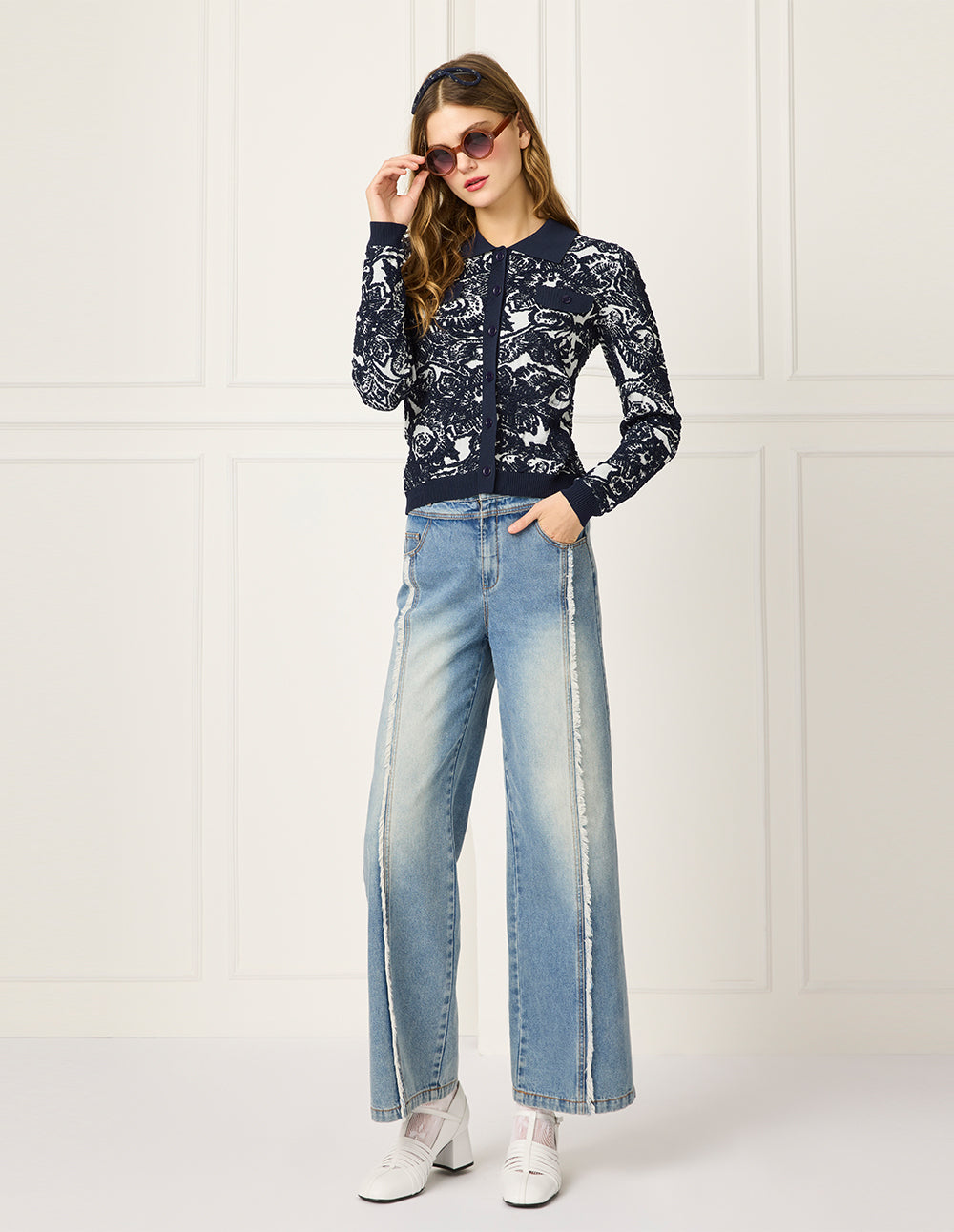 BORA AKSU Laple Embossed Jacquard Fitted Cardigan