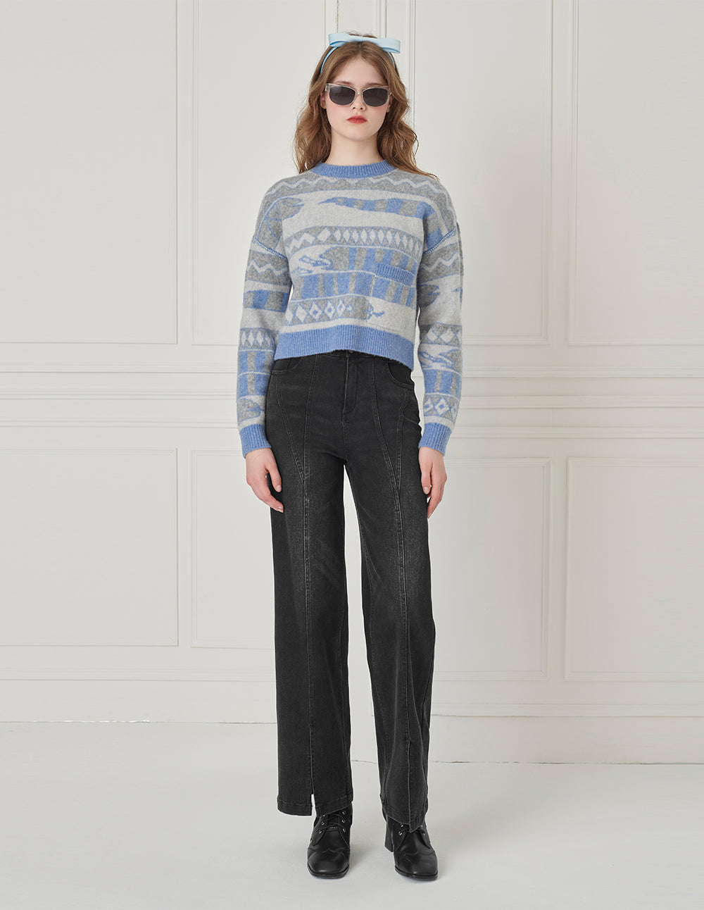 BORA AKSU Crew-Neck Drop-Sleeve Long-Sleeve Striped Loose Cropped Knitted Pullover