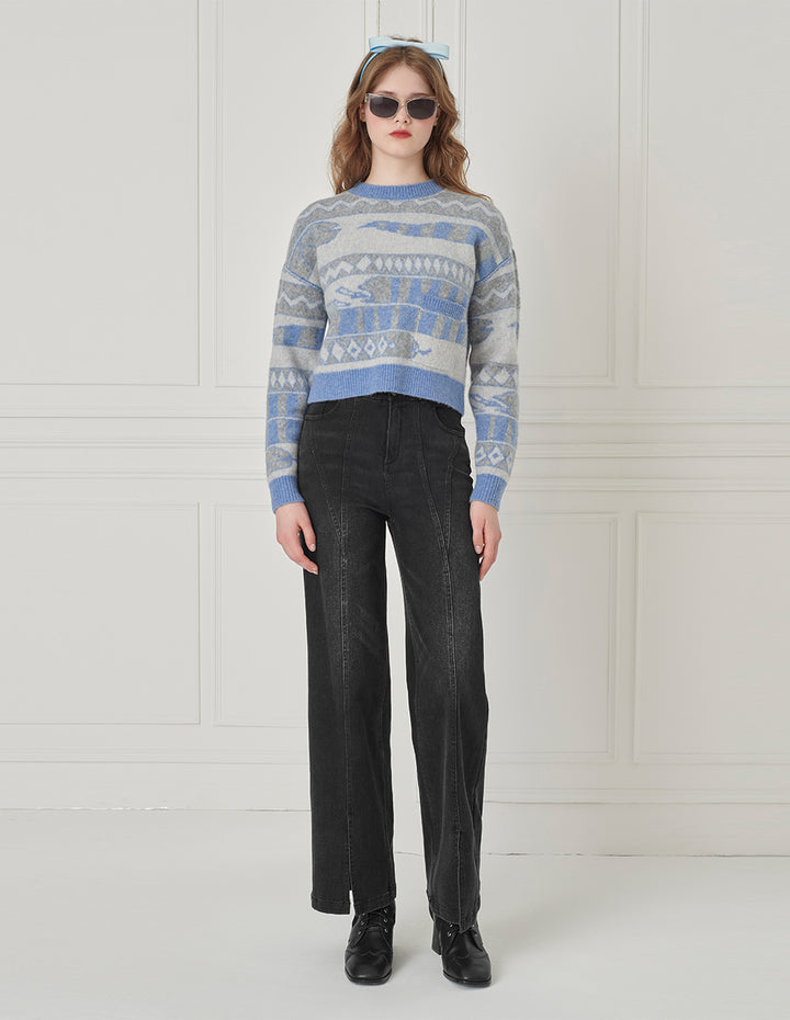 BORA AKSU Crew-Neck Drop-Sleeve Long-Sleeve Striped Loose Cropped Knitted Pullover