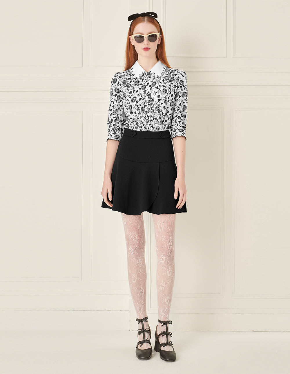 BORA AKSU Silk Puff Sleeve Retro Embroidered Collar Printed Blouse