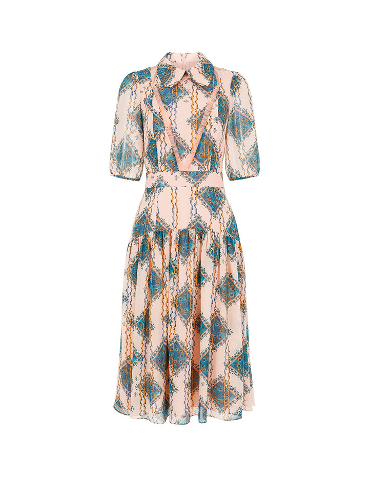 BORA AKSU Lapel Puff Short Sleeve Empire-Waist Geometric Print Pleated Midi Dress