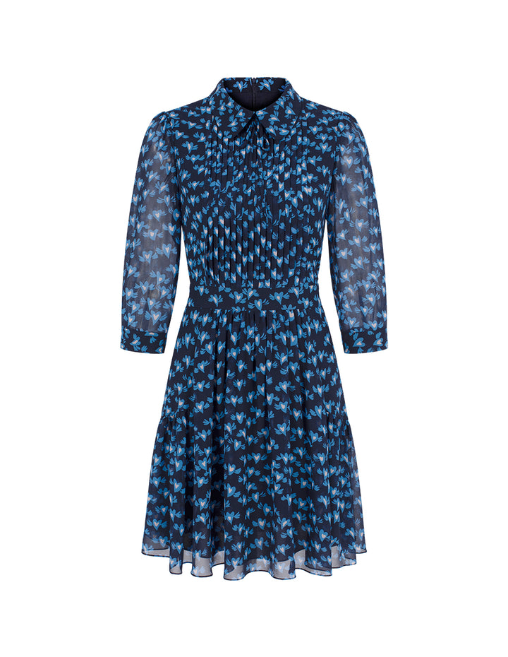 BORA AKSU Lapel Long-Sleeve Pin Tuck Heart Printed Pleated Midi Shirt Dress