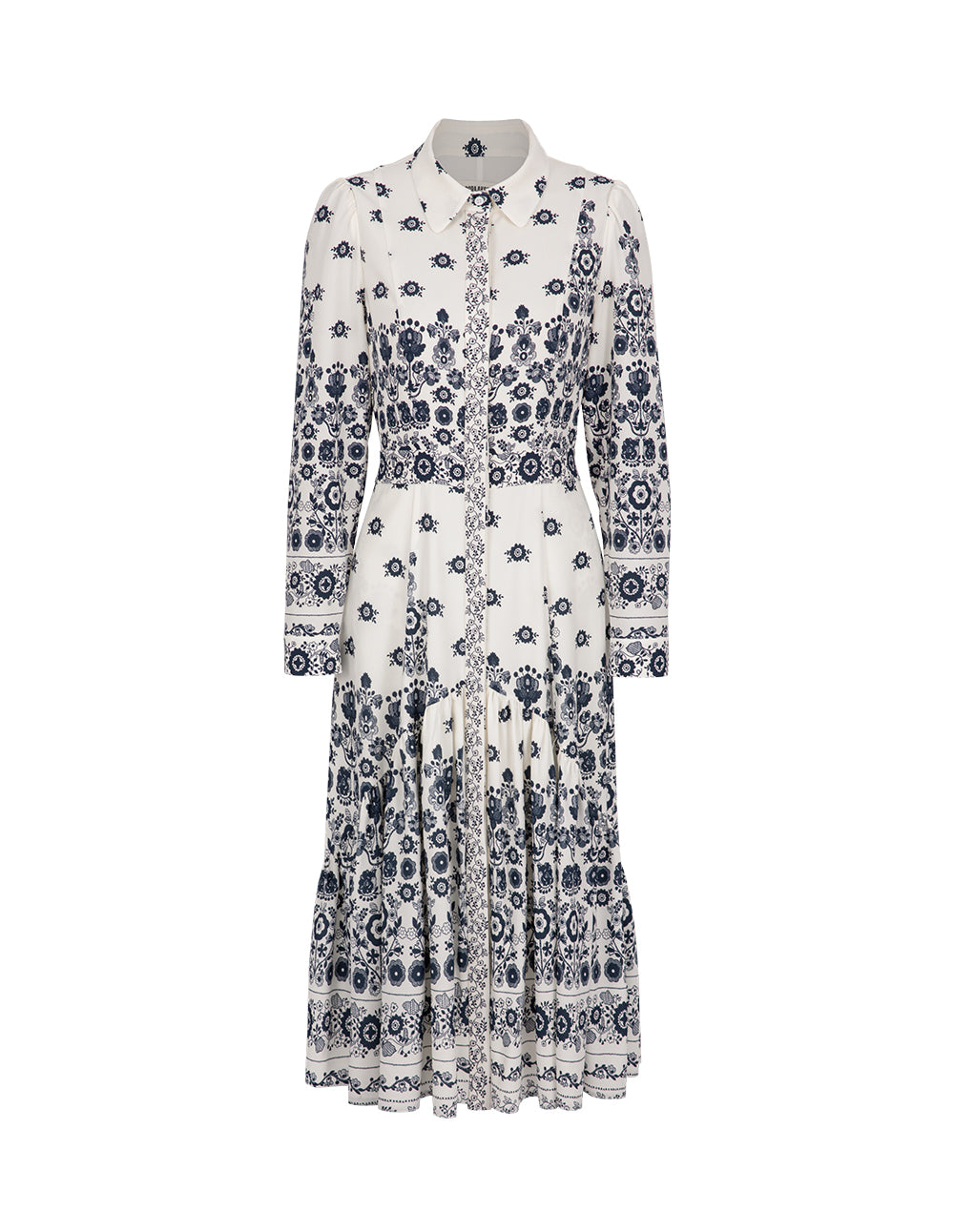 BORA AKSU Shirt-Collar Long Bubble Sleeve Printed Midi Trumpet Dress
