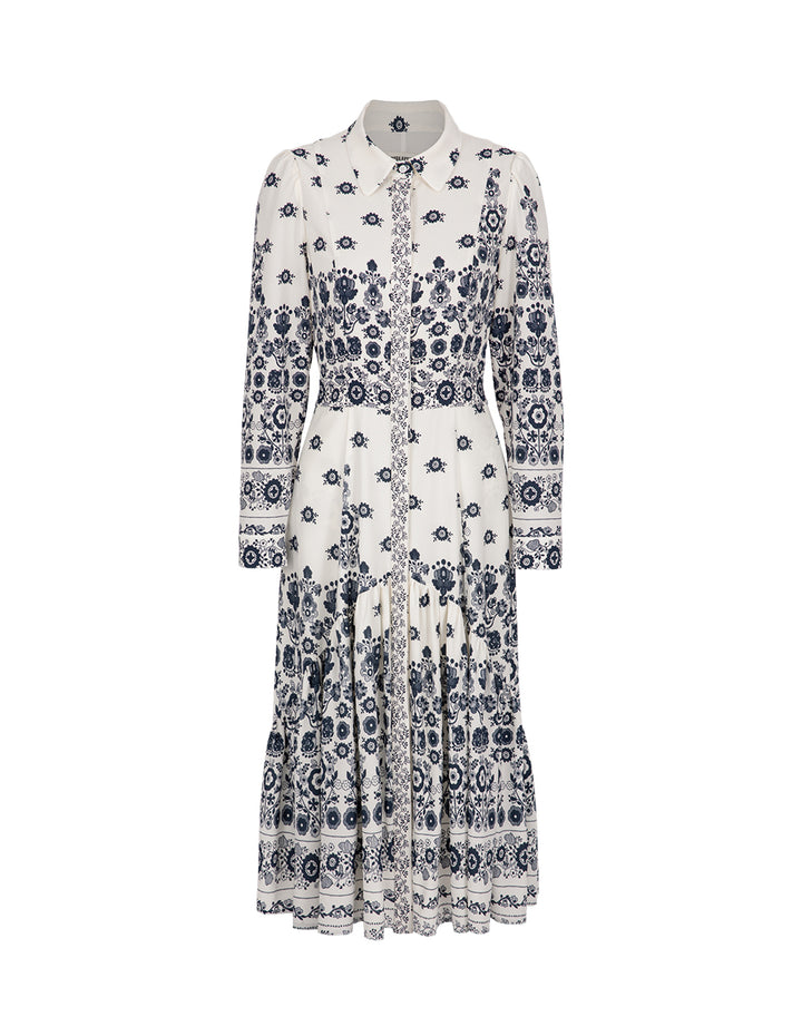 BORA AKSU Shirt-Collar Long Bubble Sleeve Printed Midi Trumpet Dress
