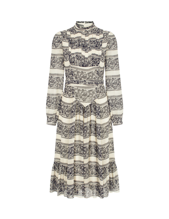 BORA AKSU Ruffle Stand Collar Pin-Tuck Lace-Floral Embroidery Print Puff Long-Sleeve Empire-Waist Pleated Midi Dress