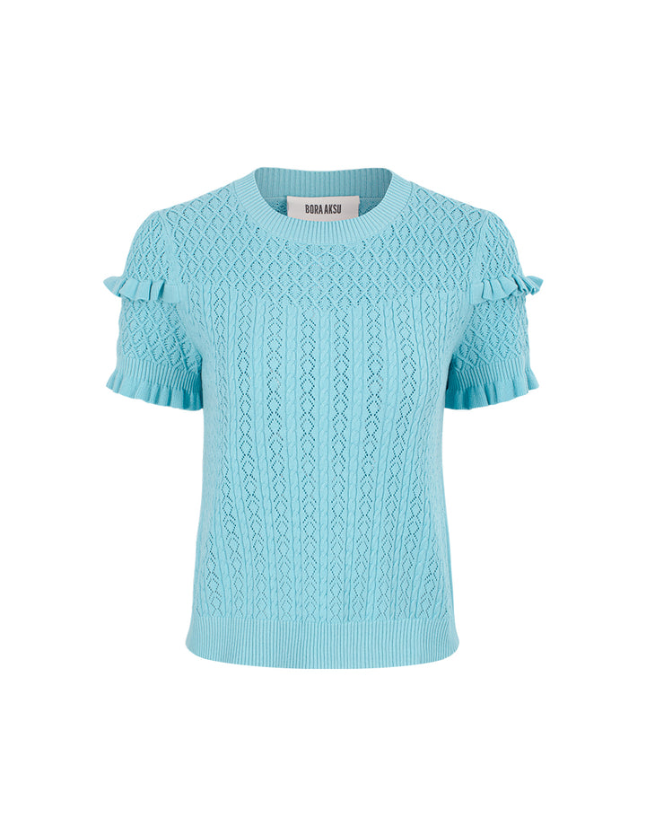 BORA AKSU Round Neck Short-Sleeve Ruffle Trimmed Knit Pullover