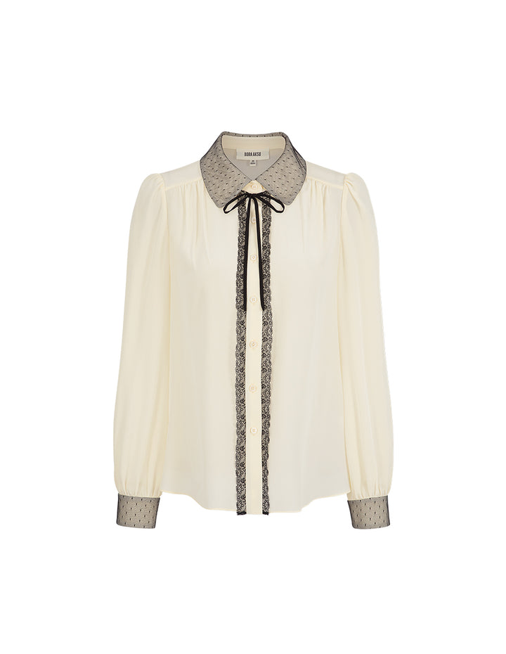 BORA AKSU Silk Mulberry Puff Sleeves Sweet Temperament Color Block Collar Blouse