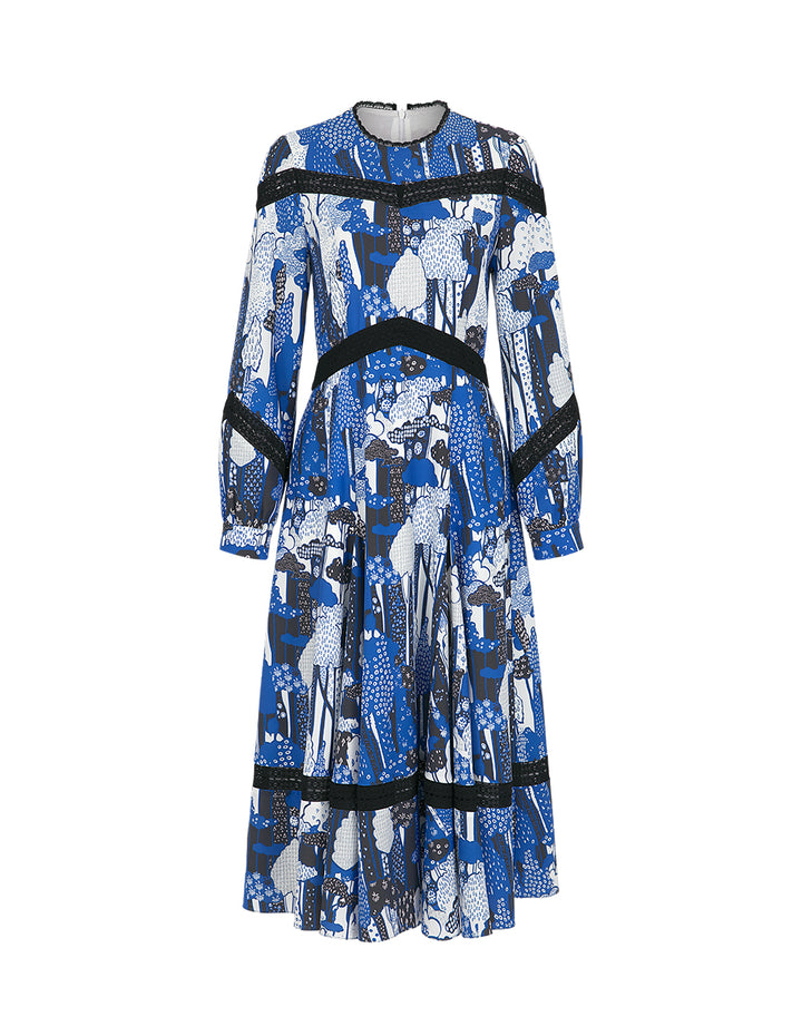 BORA AKSU Ruffle Crew-Neck Printed Long-Sleeve Pleated Midi Dress