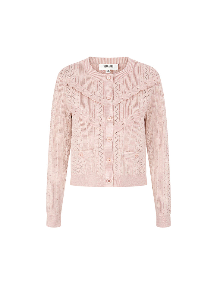 BORA AKSU Round Neck Long Sleeve Ruffle Knit Cardigan