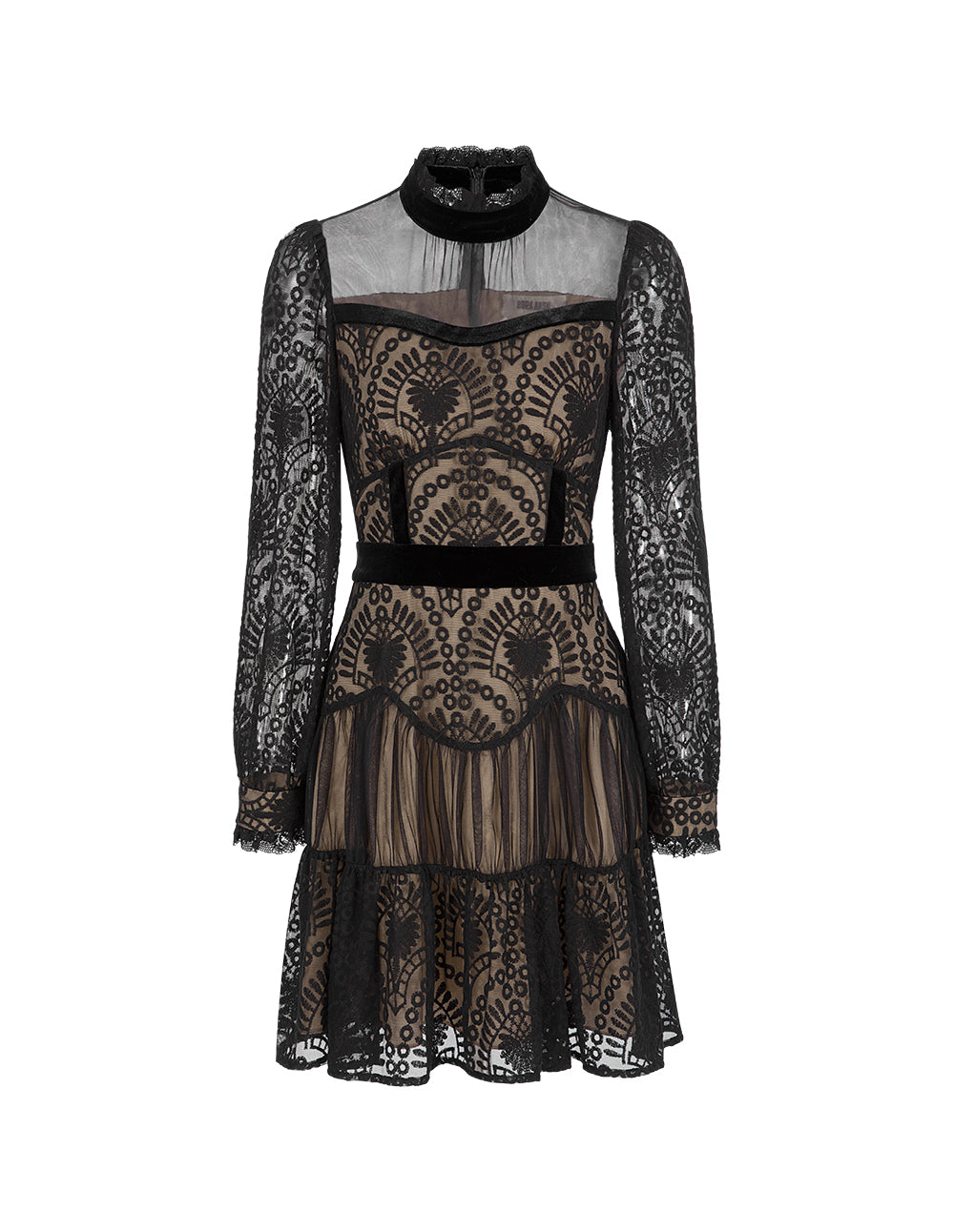 BORA AKSU Retro Lace Stand-Collar Long-Sleeve Mesh Velvet Splicing Knee-Length Dress